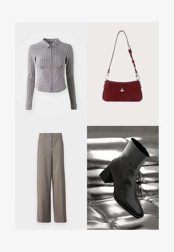 Sivi dolgimi rokavi srajca z navpičnimi belimi črtami, ovratnikom in zadrgo spredaj. Ima oprijet dizajn in ukrivljen spodnji rob.; Sive široke hlače z gladko teksturo, ki imajo sprednje stranske žepe in visok pas, kar daje prilagojen videz.; Črne gležnjarje iz sijočega materiala s kvadratnim prstom in zoženim peto, postavljene na sijoče srebrno oblazinjeno ozadje.; Rdeča semiš torba za rame s ukrivljeno obliko. Ima srebrno-tonski poudarjen detajl in nastavljiv trak z kovinskimi detajli. Gladka tekstura.; Srebrne uhane z gladko, kapljično obliko in poliranim finishem. Nežna graviranja dodajajo detajle. Minimalističen dizajn.