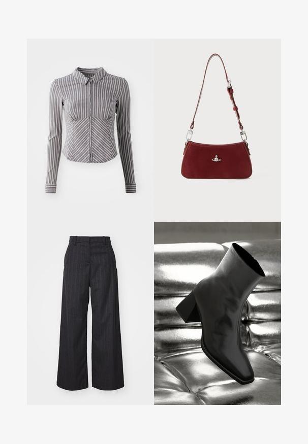 Gray long-sleeve shirt with vertical white stripes, collared neckline, and zipper front. Features a fitted design and curved bottom hem.; Wide-leg trousers in dark gray fabric with vertical pinstripes, featuring a fitted waistband and subtle pleats at the front.; Black ankle boot made of glossy material with a square toe and tapered heel, set against a shiny silver tufted background.; Red suede shoulder bag with a curved shape. Features a silver-tone accent and adjustable strap with hardware detailing. Smooth texture.