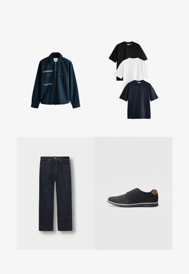 Tumši zaļš pogām apģērbs ar divām priekšējām kabatām, izšuvuma detaļām un klasisku apkakli. Izgatavots no teksturēta auduma.; Trīs īsām piedurknēm T-krekli salikti: viens melns, viens balts un viens zilais. Izgatavoti no kokvilnas ar apaļu kakla izgriezumu un brīvu piegriezumu.; Tumši zili taisnā piegriezuma džinsi no denima, ar jostu riņķiem, priekšējiem kabatām un kontrastējošām šuvēm. Minimalistisks dizains bez rotājumiem.; Melni sintētiskie apavi ar struktūru augšdaļā, gludu akcentu, brūnu papēdi un kontrastējošu zoli. Iezīmē minimālu šņorēšanu un šuvju detaļas.