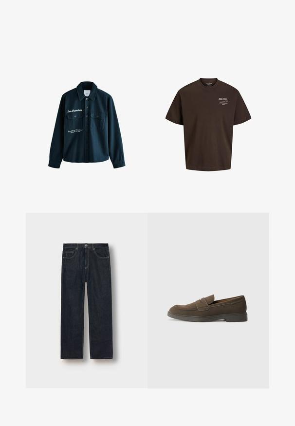 Tumši zaļš pogām apģērbs ar divām priekšējām kabatām, izšuvuma detaļām un klasisku apkakli. Izgatavots no teksturēta auduma.; Brūna kokvilnas T-kreklā ar brīvu piegriezumu, īsām piedurknēm un baltu drukātu logotipu uz krūtīm. Vienkāršs dizains, bez papildu rotājumiem.; Tumši zili taisnā piegriezuma džinsi no denima, ar jostu riņķiem, priekšējiem kabatām un kontrastējošām šuvēm. Minimalistisks dizains bez rotājumiem.; Brūni zamša loaferi ar noapaļotu purngalu, siksnu virs apaviem un plakanu gumijas zoli. Vienkāršs dizains ar tīrām līnijām un minimālu detaļu skaitu.