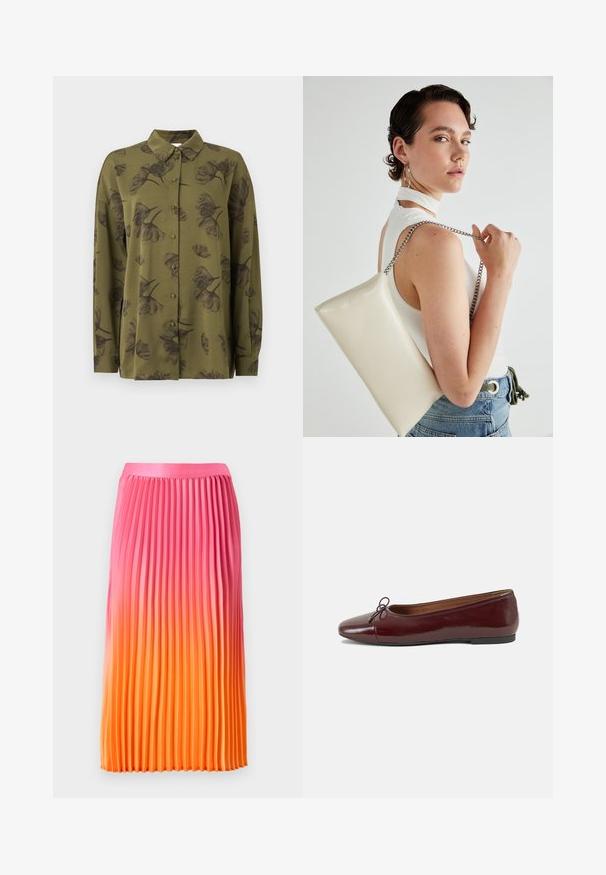 Camisa verde-oliva de manga longa, abotoada, com estampados florais escuros e colarinho pontudo.; Saia plissada com um degradé de rosa a laranja, apresentando uma cintura suave e um design fluido, feita de um tecido leve.; Bailarinas em couro sintético borgonha com bico redondo, pequeno laço na frente e sola baixa em borracha preta. Textura suave.; Bolsa de mão retangular branca, feita de material brilhante, com uma alça em corrente prateada. Modelo posa, exibindo a bolsa contra um fundo simples.