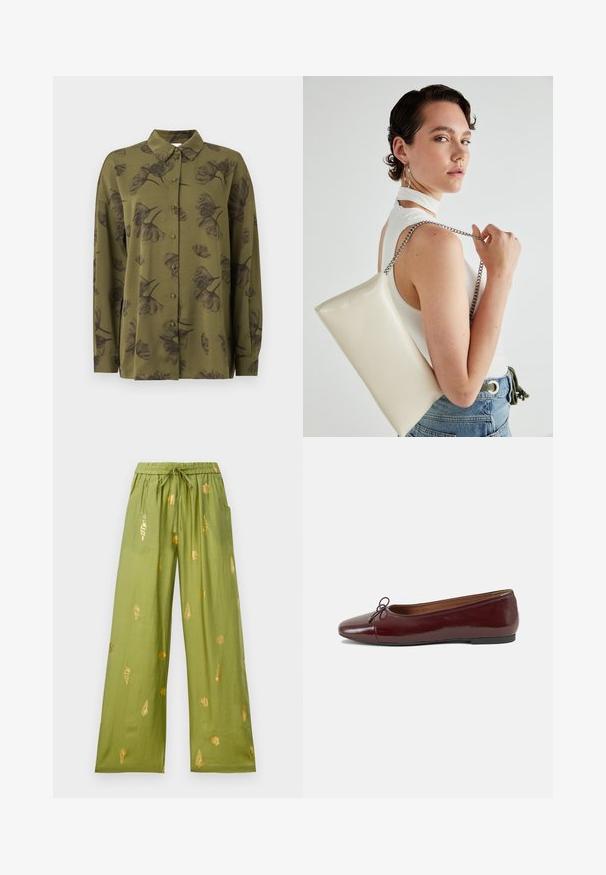 Olivgrön långärmad skjorta med knappar och mörka blommönster samt spetsig krage.; Breda olivgröna byxor med elastiskt midjeband och dragsko, dekorerade med mönster av guldseashell och snäcka.; Burgunderfärgad lackläderballettskor med rund tå, liten rosettdekoration fram och en låg, svart gummisula. Slät textur.; Vitt rektangulärt clutch-väsk i glänsande material, med en kedjesnor i silver. Modellen poserar och visar upp väskan mot en neutral bakgrund.