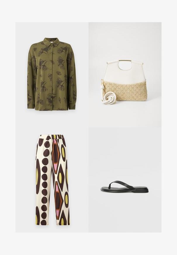 Olivovo zelená košela s dlhým rukávom, gombíková, s tmavými kvetinovými vzormi a špicatým golierom.; Nohavice s elastickým pásom z ľahkého materiálu, s krémovým pozadím a veľkými hnedými, žltými, ružovými a oranžovými geometrickými vzormi.; Čierne šľapky vyrobené z hladkej kože, s tenkým pásikom a plochou podrážkou s minimalistickým profilom. Bez výrazných vzorov alebo akcentov.; Biely kožený kabelka so štruktúrovaným krémovým tkaným dnom. Obsahuje zlatý úchyt a vinutý biely popruh pre univerzálnosť.
