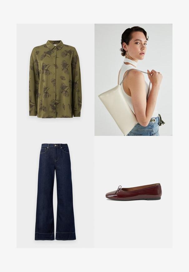 Cămașă lungă cu mânecă, de culoare verde măslinie, cu imprimeuri florale în nuanțe închise și guler ascuțit.; Jeans din denim, de culoare albastru închis, cu croială largă. Include un sistem de închidere cu nasture, detalii de cusătură și buzunare laterale. Bază evazată.; Balerini din piele patent burgund cu vârful rotund, accent de fundiță mică în față și talpă joasă din cauciuc negru. Textură netedă.; Geantă de clutch rectangulară albă, realizată dintr-un material lucios, având o curea de lanț argintie. Modelul pozează, evidențiind geanta pe un fundal simplu.