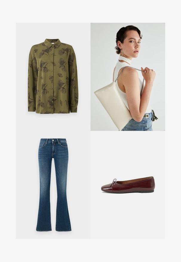 Zeleno-olivno dolg rokav s kratkimi gumbi in temnimi cvetličnimi vzorci ter s koničastim ovratnikom.; Modre pamučne jeans hlače z visokim pasom z rahlim bledenjem, sprednjimi žepi, gumbom, zadrgo in razširjenimi nogavicami na enobarvni svetle ozadju.; Burgundska patenti usnjeni baletni čevlji z zaobljenim prstom, majhnim lokom na sprednji strani in nizkim črnim gumijastim podplatom. Gladka tekstura.; Bela pravokotna torbica za ključe iz sijajnega materiala, opremljena s srebrno verižico. Model pozira in prikazuje torbico na enobarvni podlagi.