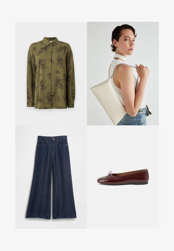 Maslinasto zeleni dugih rukava košulja s gumbima s tamnim cvjetnim uzorcima i oštrim ovratnikom.; Traper hlače širokih nogavica u tamnoplavoj boji. Imaju visok struk, pet džepova i kontrastne šavove. Glatka tekstura s urednim rubom.; Burgundska lakirana balerinka s zaobljenim vrhom, malim mašnom sprijeda i niskom, crnom gumenom potplatu. Glatka tekstura.; Bijela pravokutna torbica s kopčanjem, izrađena od sjajnog materijala, s srebrnim lančićem. Model pozira, prikazujući torbicu na jednostavnoj pozadini.