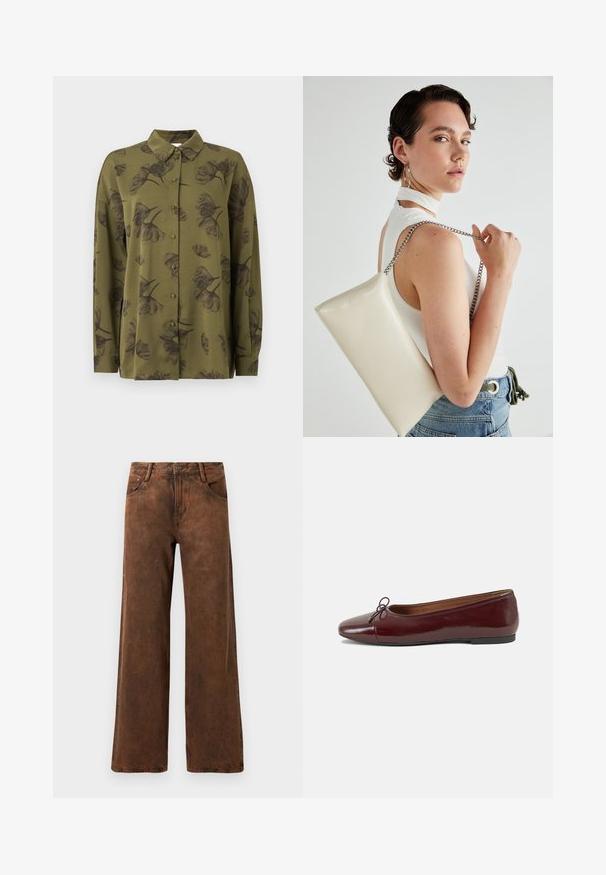 Cămașă lungă cu mânecă, de culoare verde măslinie, cu imprimeuri florale în nuanțe închise și guler ascuțit.; Pantaloni larghi de culoare maro, confecționați din denim, cu o finisare texturată, închidere cu nasture și fermoar și două buzunare frontale.; Balerini din piele patent burgund cu vârful rotund, accent de fundiță mică în față și talpă joasă din cauciuc negru. Textură netedă.; Geantă de clutch rectangulară albă, realizată dintr-un material lucios, având o curea de lanț argintie. Modelul pozează, evidențiind geanta pe un fundal simplu.