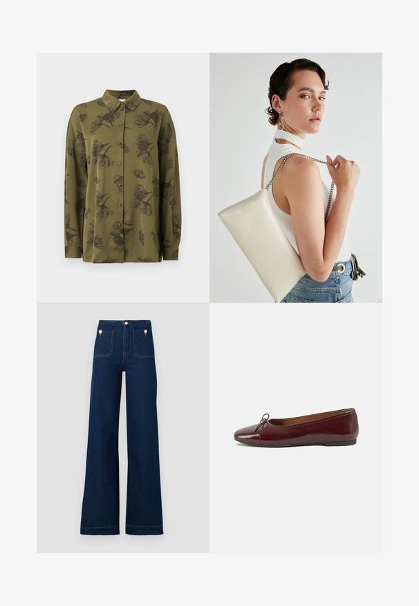 Olīvu zaļš gariem piedurknēm pogājams krekls ar tumšiem ziedu motīviem un rāvējslēdzēju apkakli.; Tumši zili platmalu džinsi ar augstu jostasvietu, ar zelta pogu akcentiem, divām priekšējām un aizmugurējām kabatām, kā arī kontrastējošiem šuvju detaļām. Strukturēta džinsu auduma.; Burgundijas laku ādas baleta kurpes ar noapaļotu purngalu, nelielu loku akcentu priekšā un zemu melnu gumijas zoli. Gluda tekstūra.; Balts taisnstūra clutch soma, izgatavota no spīdīga materiāla, ar sudraba ķēdes siksnu. Modelis pozē, demonstrējot somu uz vienkārša fona.