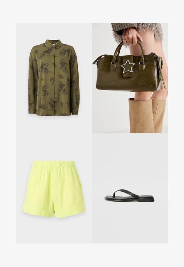 Camicia verde oliva a maniche lunghe con bottoni, decorata con stampe floreali scure e colletto a punta.; Pantaloni corti verde lime realizzati in tessuto leggero e texturizzato, con una cintura elastica e una sola tasca laterale. Senza chiusure visibili.; Infradito neri in pelle liscia, con un design a fascia sottile e una suola piatta dal profilo minimale. Nessun motivo o accento particolare.; Borsa a mano in similpelle verde oliva con accentatura a stella argentata, manici doppi e chiusura con zip. Superficie testurizzata e forma strutturata.