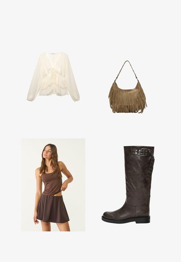 Krémová blůza s výstřihem do V, dlouhými balónovými rukávy a vrstvenými volány na lemu, s detailem vázání na zadní straně.; Hnědý top na ramínka a odpovídající rozšířená sukně, vyrobená z měkké, lehké tkaniny. Top má tenké ramínka a přiléhavý střih.; Hnědé kožené vysoké boty k kolenům s texturovaným povrchem, se sponou a cvočkovými detaily na boku, a plochou gumovou podrážkou.; Hnědá semišová kabelka s dlouhými třásněmi, zakřiveným tvarem a jedním ramenním popruhem. Vyznačuje se hladkým, texturovaným povrchem.