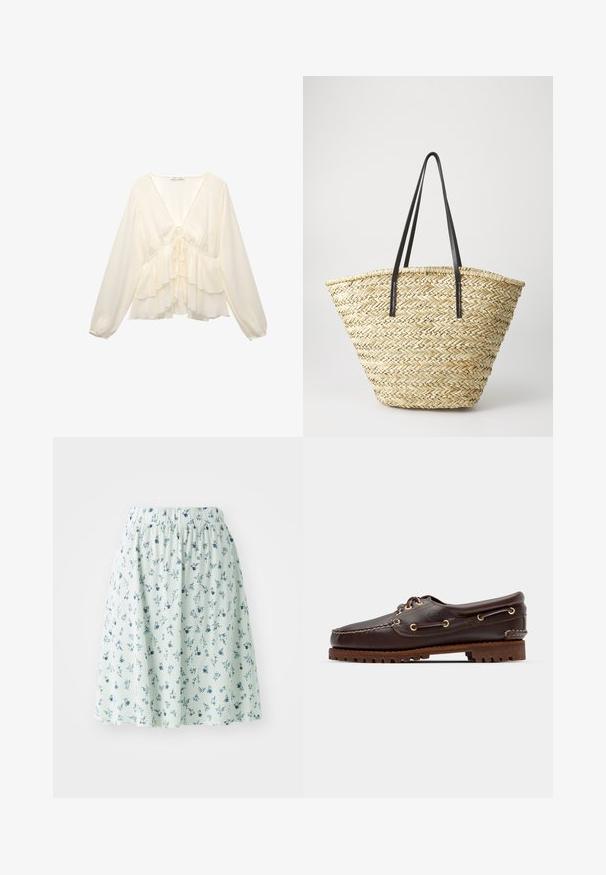 Kremasta bluzica z V-izrezom, dolgimi balonastimi rokavi in plastmi ruffled ob robu, s vezalnim detajlom na zadnji strani.; Cvečni krilo z elastičnim pasom, izdelano iz lahkega materiala. Ima metina zelena podlago z majhnimi modrimi in belimi cvetličnimi vzorci po celotnem krilu.; Rjave usnjene čolnarske čevlje z zlatimi očesi, okroglicami in teksturiranim rjavim gumijastim podplatom. Ima šivano podrobno obdelavo in dvignjen logotip.; Tkana slamnata torba z široko, konusno obliko, ki ima dva črna usnjena ročaja. Naravna bež barva z teksturo.
