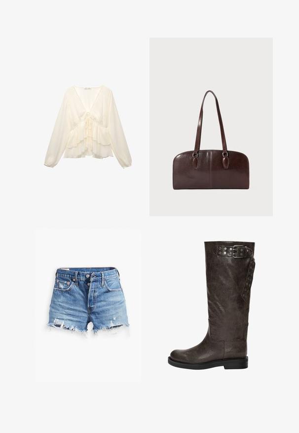 Cream-colored blouse featuring a V-neck, long balloon sleeves, and layered ruffles at the hem, with a tie detail in the center back.; Brown halter top with a deep V-neck and gathered fabric at the bust, paired with loose, light gray cargo pants featuring adjustable waist ties.; Light blue denim shorts with frayed hems, a high waist, button closure, and two front pockets; distressed detailing adds texture.; Brown leather knee-high boot with a textured finish, featuring a buckle and snap accents on the side, and a flat rubber sole.; Brown leather handbag with two long handles, a structured rectangular shape, smooth texture, and rounded edges. Features accent details at the handles.