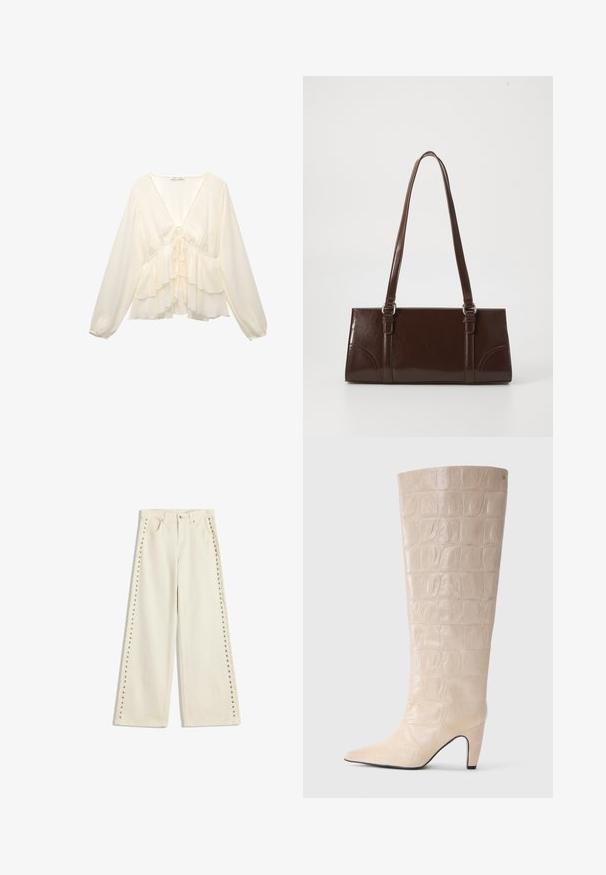 Krémová blůza s výstřihem do V, dlouhými balónovými rukávy a vrstvenými volány na lemu, s detailem vázání na zadní straně.; Světle krémové široké džíny s kovovými cvočky podél vnějších švů, pěti kapsami a standardním zapínáním na knoflík.; Krémová kožená vysoká bota z faux krokodýlí kůže s špičatou špičkou a zúženým podpatkem. Hladký povrch s výrazným vzorem po celé délce holeně.; Hnědá kabelka z patentované kůže obdélníkového tvaru, se dvěma dlouhými uchy a jemnými zakřivenými akcenty na přední straně.