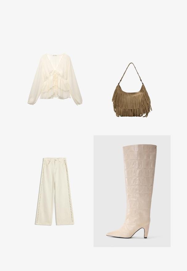 Kremowa bluzka z dekoltem w serek, długimi bufiastymi rękawami i warstwowymi falbanami na dole, z wiązaniem z tyłu na środku.; Jasno kremowe dżinsy o szerokich nogawkach z metalowymi wstawkami wzdłuż zewnętrznych szwów, pięcioma kieszeniami oraz standardowym zapięciem na guzik.; Kremowe, sztuczne buty za kolano z krokiem krokodyla, z wydłużonym noskiem i zwężonym obcasem. Gładka tekstura z wyraźnym wzorem na cholewce.; Brązowa torebka z zamszu z długimi frędzlami, o zakrzywionym kształcie i pojedynczym paskiem na ramię. Posiada gładką, teksturowaną powierzchnię.