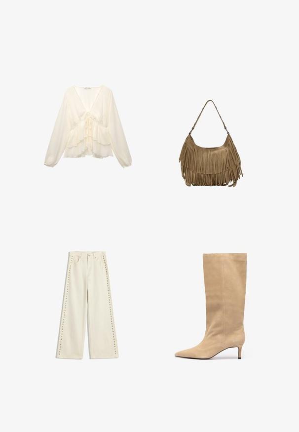 Kermanvärinen paita, jossa on V-pääntie, pitkät pallohihoja ja kerrokselliset röyhelöt helmassa, keskellä takana solmukuvio.; Vaalean kermaiset leveät farkut, joissa on metalliset niittiakcentit ulkopolvissa, viisi taskua ja normaali nappisulku.; Beige mokkasini polvipituiset saappaat, joissa on terävä kärki ja kapea korko. Saappaissa on pystysaumat varren varrella lisäyksinä.; Ruskea mokkanahkainen käsilaukku, jossa on pitkät fringer yksityiskohdat, kaareva muoto ja yksi olkahihna. Pinta on sileä ja teksturoitu.