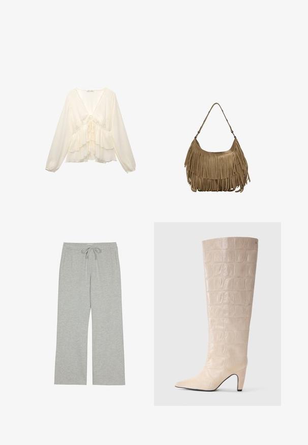 Blusa color crema con scollo a V, maniche lunghe a palloncino e rouches a strati all'orlo, con un dettaglio a cravatta sul retro centrale.; Pantaloni tuta grigi chiari realizzati in un morbido tessuto testurizzato, con cintura regolabile e tasche laterali; vestibilità ampia e rilassata.; Stivale al ginocchio in pelle sintetica effetto coccodrillo crema con punta affusolata e tacco sottile. Texture liscia con un motivo definito lungo il gambale.; Borsa a tracolla in suede marrone con lunghi dettagli in frange, forma curva e una singola tracolla. Presenta una superficie liscia e testurizzata.