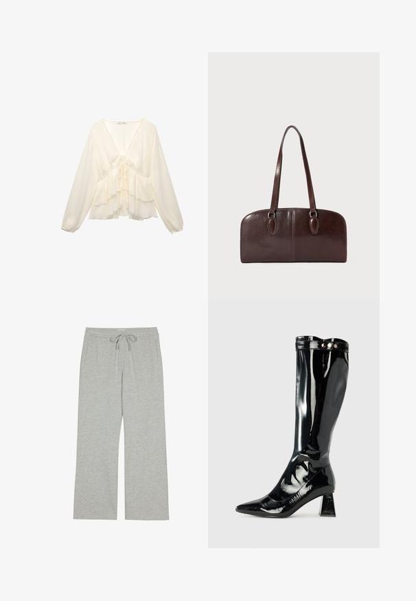 Krémová blúzka s výstrihom do V, dlhými balónovými rukávmi a vrstvenými volánmi na leme, so zaviazaním v strede chrbta.; Svetlošedé tepláky vyrobené z mäkkej, textúrovanej tkaniny s elastickým pásom na šnúrku a bočnými vreckami; široký, uvoľnený strih.; Čierna lakovaná kožená vysoká čižma s špicatou špičkou, geometrickou blokovou pätnou časťou a lesklým povrchom, s ozdobným gombíkom na vrchu.; Hnedá kožená kabelka s dvoma dlhými uchami, štruktúrovaným obdĺžnikovým tvarom, hladkým povrchom a zaoblenými hranami. Obsahuje akcentové detaily na ušiach.