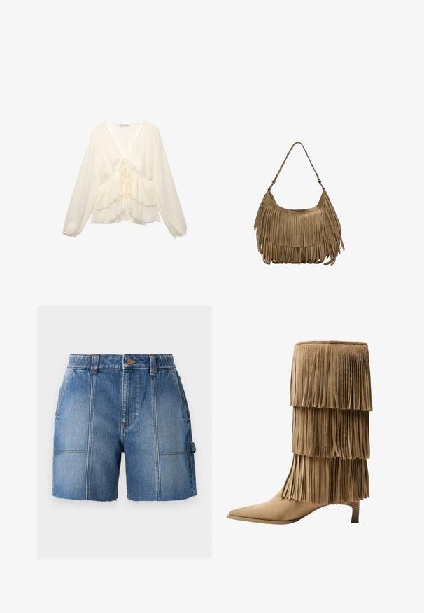 Kermanvärinen paita, jossa on V-pääntie, pitkät pallohihoja ja kerrokselliset röyhelöt helmassa, keskellä takana solmukuvio.; Vaaleansiniset farkkushortsit, joissa on repeytynyt helma, tiukka vyötärö, vyönlenkit ja kaksi etutaskua.; Fringe nilkkurit vaaleassa mokassa, joissa on kolme kerroksellista fringia. Teräväkärkiset ja matalalla blokkikorkealla varustetut. Tasainen pinta kauttaaltaan.; Ruskea mokkanahkainen käsilaukku, jossa on pitkät fringer yksityiskohdat, kaareva muoto ja yksi olkahihna. Pinta on sileä ja teksturoitu.