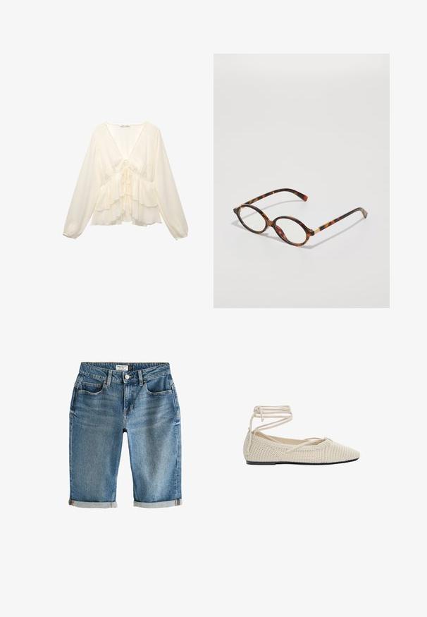 Brašnasto bijela bluzica s V-dekolteom, dugim balon rukavima i slojevitim volanima na rubu, te detaljem vezanja na sredini leđa.; Plavi traper hlače do koljena s preklopom na rubu, pet džepova i metalnim kopčanjem. Tkanina ima blago izbljeđeni izgled.; Bež pleteni baletni stan s oštrim vrhom, ravnim potplatom i omotanim vezicama. Tekstura je otvorena pletenina s glatkom unutarnjom oblogom.; Načini naočala od žirafa u ovalnom okviru, prozirnim staklima i zlatnim akcentima. Ima zakrivljene noge i glatku, sjajnu završnu obradu.; Smeškan smeđi kožni torbica u obliku trokuta. Ima pletenu ručku i patentni zatvarač na vrhu.