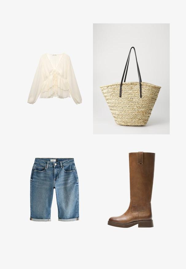 Kremowa bluzka z dekoltem w serek, długimi bufiastymi rękawami i warstwowymi falbanami na dole, z wiązaniem z tyłu na środku.; Niebieskie dżinsowe szorty do kolan z podwiniętym brzegiem, pięcioma kieszeniami i metalowym zapięciem. Materiał ma lekko wyblakły wygląd.; Brązowe skórzane wysokie buty do kolan z okrągłym noskiem, teksturowaną powierzchnią i niskim piętrem o warstwowej budowie. Posiadają boczną wstawkę oraz pętelkę na górze.; Woven straw tote bag o szerokim, stożkowatym kształcie, z dwoma czarnymi skórzanymi uchwytami. Naturalny beżowy kolor o fakturowej powierzchni.