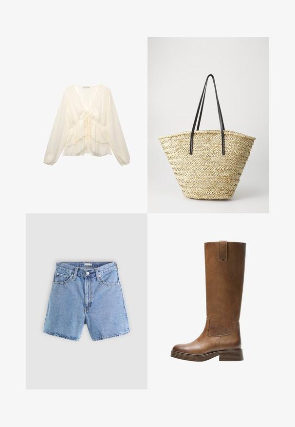 Brašnasto bijela bluzica s V-dekolteom, dugim balon rukavima i slojevitim volanima na rubu, te detaljem vezanja na sredini leđa.; Svijetloplave traper kratke hlače s visokim strukom, pet džepova, vidljivim šavovima i izgužvanim rubom. Imaju kopčanje na gumb i patentni zatvarač.; Smeđe kožne čizme do koljena s zaobljenim nosom, teksturiranom površinom i niskim debljim potplatom. Imaju bočni panel i povlačnu traku na vrhu.; Torba od pletene slame sa širokim, suženim oblikom, sa dva crna kožna remena. Prirodna bež boja sa teksturiranom površinom.