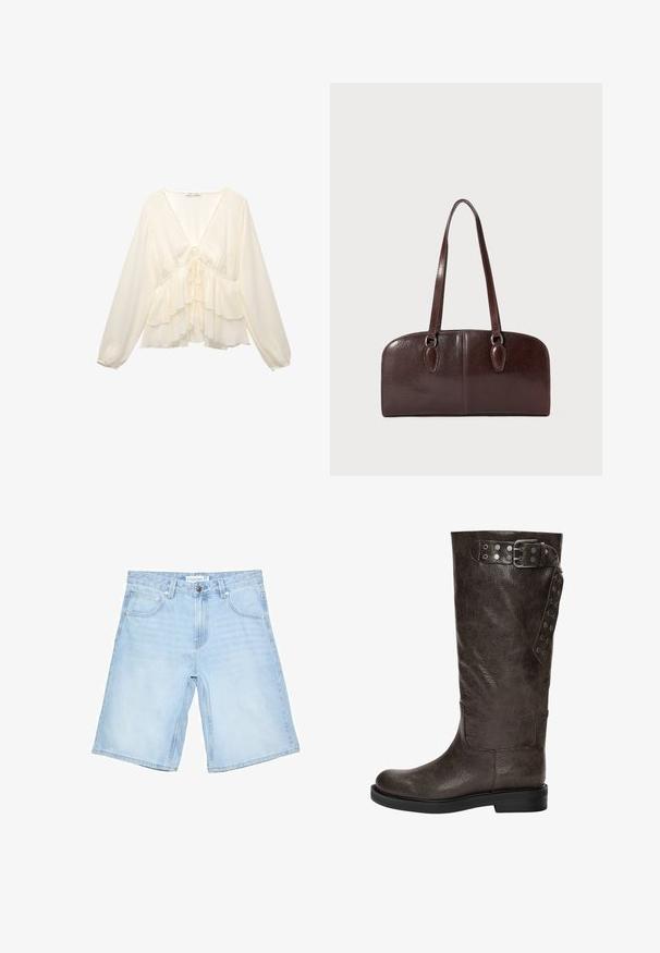 Blouse de couleur crème avec un col en V, des manches longues en ballon et des volants superposés à l'ourlet, avec un détail de nœud au centre du dos.; Shorts en denim bleu clair avec une coupe ample au niveau des genoux. Comprend cinq poches et une fermeture à bouton à l'avant. Finitions avec coutures surpiquées.; Botte en cuir marron jusqu'au genou avec une finition texturée, dotée d'une boucle et de détails avec pression sur le côté, et d'une semelle en caoutchouc plate.; Sac à main en cuir marron avec deux longues anses, de forme rectangulaire structurée, texture lisse et bords arrondis. Présente des détails accentués au niveau des poignées.