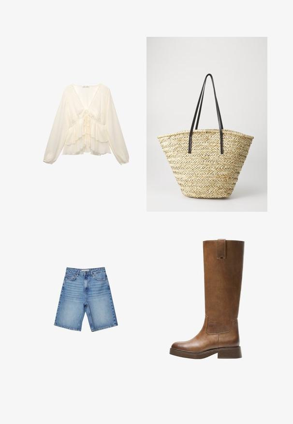 Kremowa bluzka z dekoltem w serek, długimi bufiastymi rękawami i warstwowymi falbanami na dole, z wiązaniem z tyłu na środku.; Szorty dżinsowe w jasnoniebieskim kolorze, z klasycznym pięciopocketowym wzorem, z zamkiem błyskawicznym i delikatnym wyblaknięciem. Prosty krój z podwiniętymi brzegami.; Brązowe skórzane wysokie buty do kolan z okrągłym noskiem, teksturowaną powierzchnią i niskim piętrem o warstwowej budowie. Posiadają boczną wstawkę oraz pętelkę na górze.; Woven straw tote bag o szerokim, stożkowatym kształcie, z dwoma czarnymi skórzanymi uchwytami. Naturalny beżowy kolor o fakturowej powierzchni.