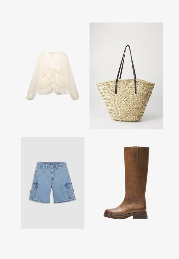 Krémová blúzka s výstrihom do V, dlhými balónovými rukávmi a vrstvenými volánmi na leme, so zaviazaním v strede chrbta.; Svetlomodré denimové cargo šortky s dvoma veľkými bočnými vreckami, kontrastným šitím, zapínaním na gombík a roztrhnutým lemom.; Hnedá kožená vysoká čižma do kolien s okrúhlou špičkou, textúrovaným povrchom a nízkym zúženým podpätkom. Obsahuje postranný panel a pútko na vrchu.; Tkaná slamenná taška s širokým, zužujúcim sa tvarom, vybavená dvojicou čiernych kožených rúčok. Prírodná béžová farba s textúrovaným povrchom.