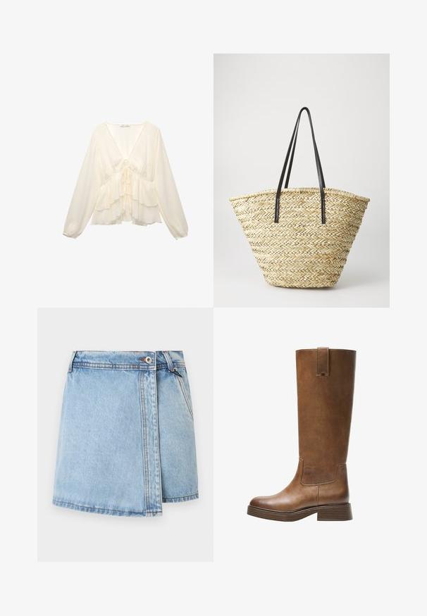 Krém színű blúz V-nyakkal, hosszú ballonujjakkal és réteges fodrokkal az alján, a hát közepén megkötős részlettel.; Világoskék farmer szoknya egyenes szabással, elöl gombos zárással és kontrasztos szemekkel az illesztéseken. Zsebek nem láthatók.; Barna bőr, térd fölé érő csizma kerek orral, texturált felülettel és alacsony, stakolt sarokkal. Oldalsó panel és húzóhurok található a tetején.; Szőtt szalmából készült táska, széles, kúpos formával, két fekete bőrkarral. Természetes bézs szín, texturált felülettel.