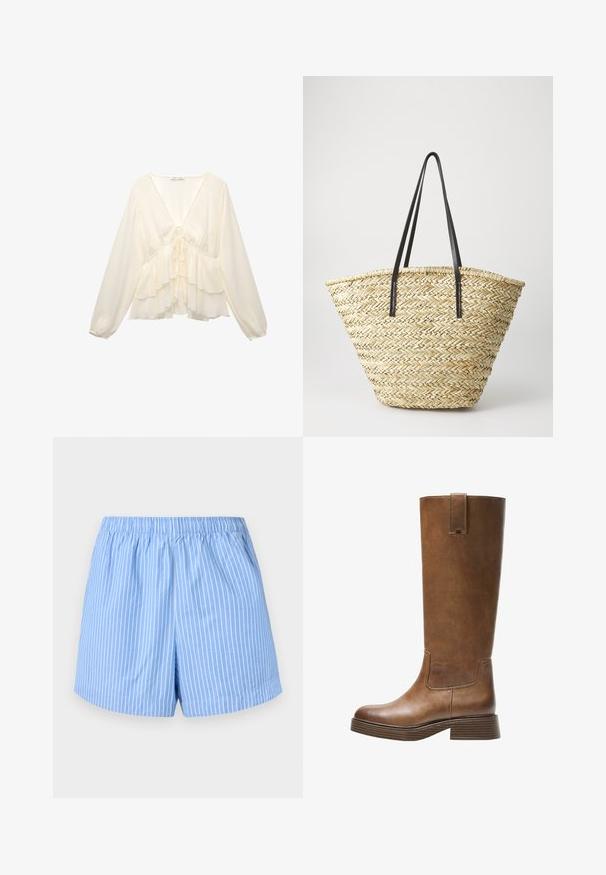 Krémová blúzka s výstrihom do V, dlhými balónovými rukávmi a vrstvenými volánmi na leme, so zaviazaním v strede chrbta.; Šortky v obločne modrej farbe s bielymi vertikálnymi pruhmi, elastický pás, dĺžka do polovice stehna a hladká bavlnená textúra.; Hnedá kožená vysoká čižma do kolien s okrúhlou špičkou, textúrovaným povrchom a nízkym zúženým podpätkom. Obsahuje postranný panel a pútko na vrchu.; Tkaná slamenná taška s širokým, zužujúcim sa tvarom, vybavená dvojicou čiernych kožených rúčok. Prírodná béžová farba s textúrovaným povrchom.