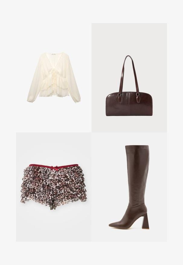 Kremowa bluzka z dekoltem w serek, długimi bufiastymi rękawami i warstwowymi falbanami na dole, z wiązaniem z tyłu na środku.; Kwiatowe szorty w lamparcie cętki z warstwowymi falbanami, posiadające czerwony koronkowy pasek w talii i małą kokardkę z przodu.; RAID TENBY brązowy; Brązowa skórzana torebka z dwoma długimi uchwytami, o strukturalnym prostokątnym kształcie, gładkiej fakturze i zaokrąglonych krawędziach. Posiada akcentowane detale przy uchwytach.