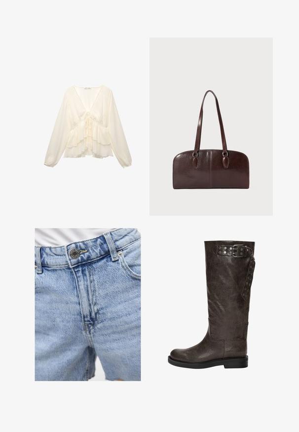 Kermanvärinen paita, jossa on V-pääntie, pitkät pallohihoja ja kerrokselliset röyhelöt helmassa, keskellä takana solmukuvio.; Vaaleansiniset farkkushortsit, joissa on korkea vyötärö, näkyvät saumat, kaksi etutaskua ja metallinen napitus. Sujuva pinta.; Korkean varren ruskea nahkakenkä, jossa on tekstuuripinta, sivuilla solki- ja napin yksityiskohtia, sekä tasainen kumipohja.; Ruske kožne torbe s dva dugačka ručka, strukturiranog pravokutnog oblika, glatke teksture i zaobljenih rubova. Sadrži detalje s naglaskom na ručkama.