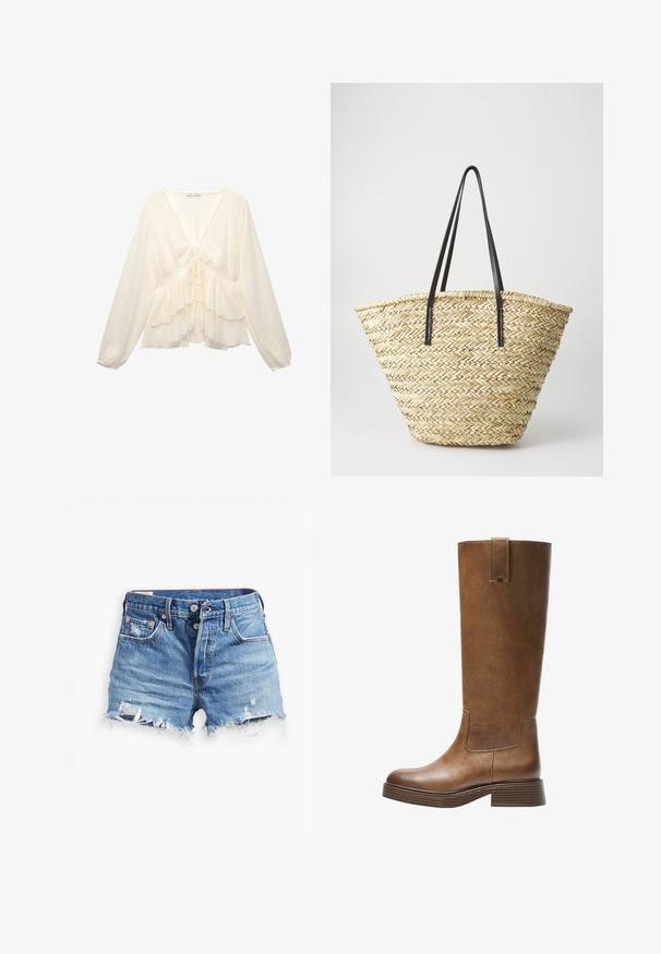 Brašnasto bijela bluzica s V-dekolteom, dugim balon rukavima i slojevitim volanima na rubu, te detaljem vezanja na sredini leđa.; Svijetloplave traper kratke hlače s rasporenom rubom, visokim strukom, kopčanjem na gumbi i dva prednja džepa; dijelovi s oštećenjima dodaju teksturu.; Smeđe kožne čizme do koljena s zaobljenim nosom, teksturiranom površinom i niskim debljim potplatom. Imaju bočni panel i povlačnu traku na vrhu.; Torba od pletene slame sa širokim, suženim oblikom, sa dva crna kožna remena. Prirodna bež boja sa teksturiranom površinom.