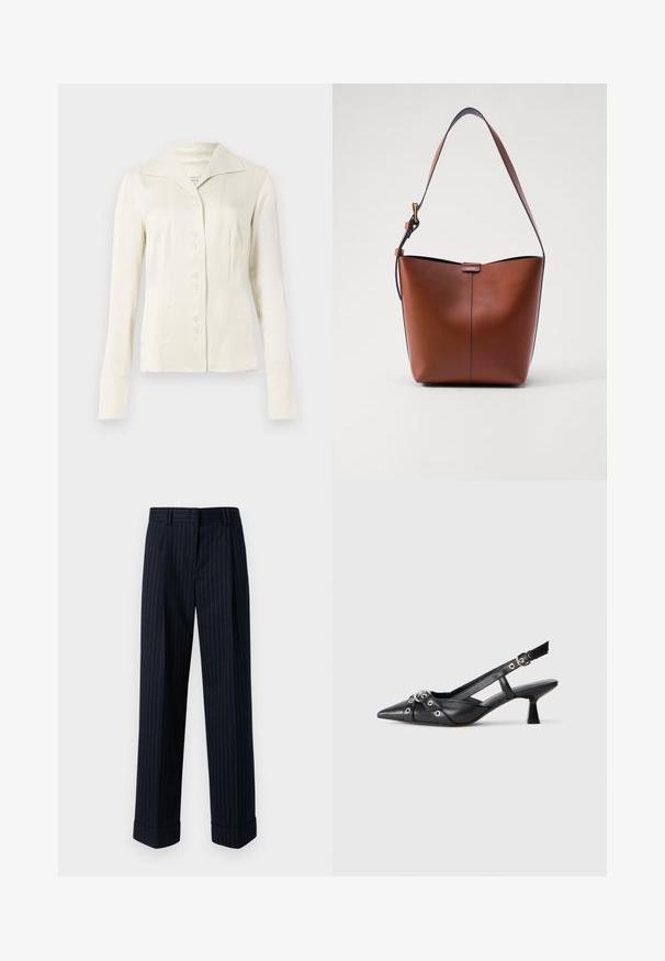 Blouse à manches longues de couleur blanc cassé, avec un large col et une taille cintrée, présentée sur un fond clair et uni.; Pantalons larges bleu marine avec un motif à rayures dorées, fabriqués en tissu lisse, avec des ourlets retroussés et des poches avant.; Chaussure slingback en cuir noir avec un bout pointu, des sangles décoratives avec œillets en métal et un petit talon carré. Surface texturée.; Sac à épaule en cuir marron avec une forme courbée, texture lisse et une seule sangle fine. Présente une couture subtile et un petit logo.