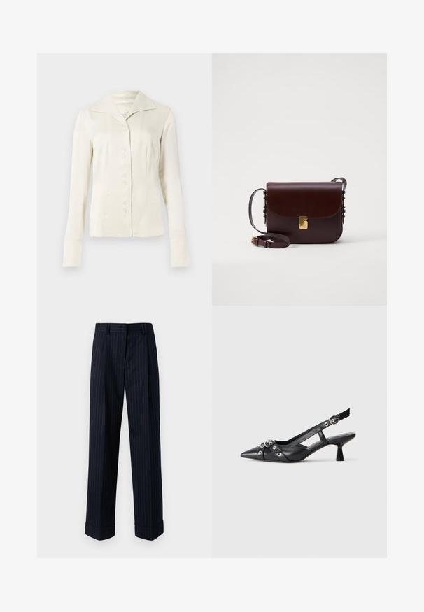 Blouse à manches longues de couleur blanc cassé, avec un large col et une taille cintrée, présentée sur un fond clair et uni.; Pantalons larges bleu marine avec un motif à rayures dorées, fabriqués en tissu lisse, avec des ourlets retroussés et des poches avant.; Chaussure slingback en cuir noir avec un bout pointu, des sangles décoratives avec œillets en métal et un petit talon carré. Surface texturée.; Sac en cuir marron avec une fermeture à rabat, quincaillerie dorée, et une sangle réglable. Présente une texture lisse et une forme rectangulaire élégante.