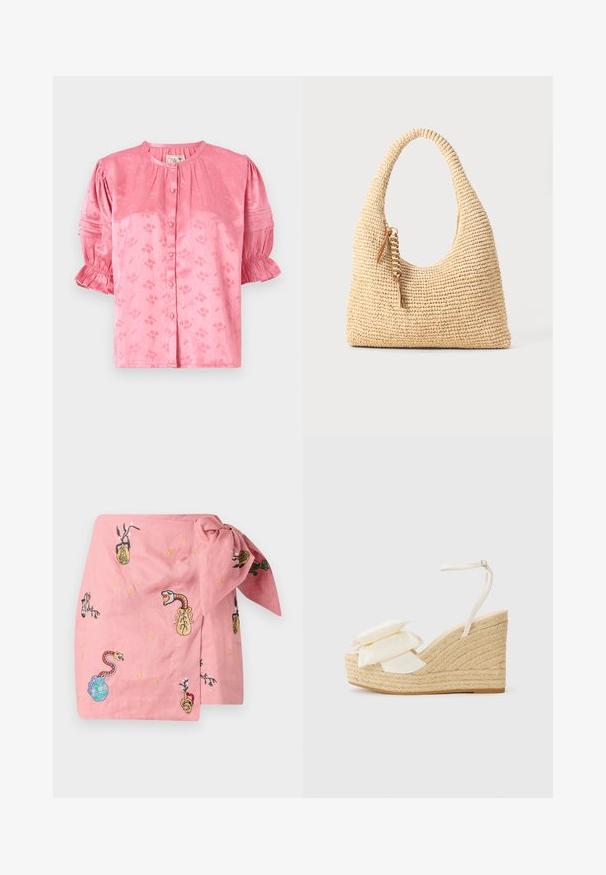 Růžová blůza s květinovým potiskem, kulatým výstřihem, krátkými nabíranými rukávy a zapínáním na knoflíky. Vyrobena z texturované látky s jemným leskem.; Růžový lněný šátek s vyšívanými vzory hadů a váz. Obsahuje detail uzlu a dekorativní hvězdicové vzory po celém povrchu.; Sandal s klínem s přírodní jute platformou, béžovým textilním svrškem a dvěma vrstvami květinových detailů; obsahuje tenký nártový pásek se sponou.; Tkaná béžová kabelka s zakřivenou rukojetí, texturovaným povrchem a hnědým střapcem. Má uvolněný, hobo tvar.