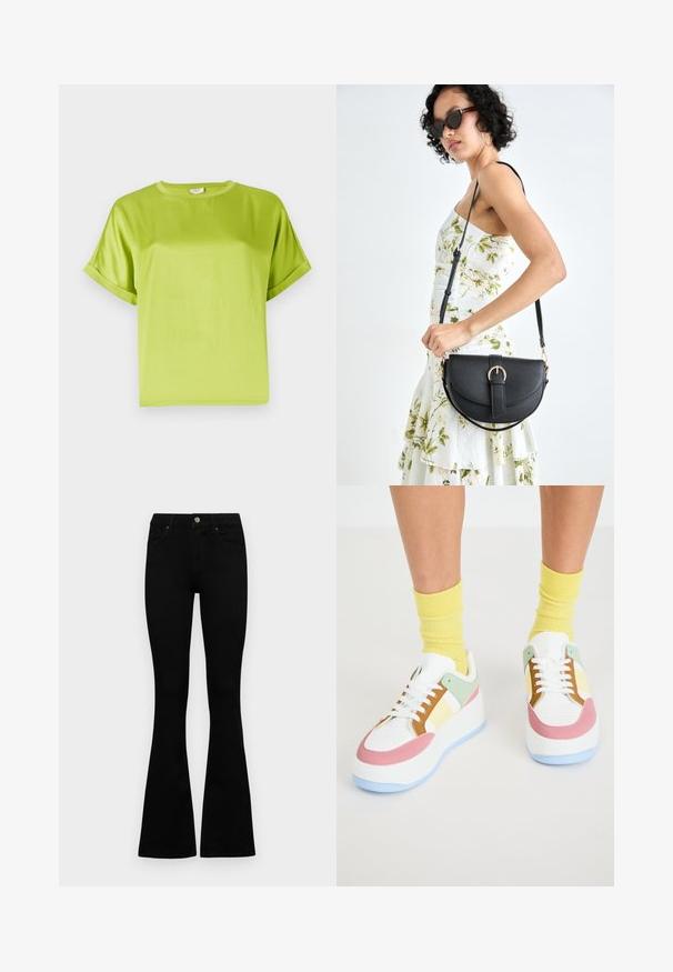 Helles grünes Kurzarmoberteil mit Rundhalsausschnitt. Glattes, glänzendes Material mit lockerer Passform. Aufgerollte Ärmel und gerade Saum.; Schwarze hochtaillierte Jeans mit einem Knopf- und Reißverschluss, Fronttaschen und ausgestellten Beinen, flach auf einem weißen Hintergrund ausgelegt.; Weiße Sneakers mit pastellfarbenen Akzenten in Mint, Pink und Gelb. Mit einer dicken Sohle, einem perforierten Zehenbereich und kontrastierenden Schnürsenkeln.; Schwarze Lederhandtasche mit geschwungener Form, abnehmbarem Tragegurt und goldenen Beschlägen. Die Tasche verfügt über einen Deckel mit einer Schnallen-Details.