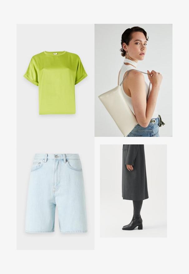 Top verde-brilhante de manga curta com decote redondo. Tecido liso e brilhante com um corte descontraído. Punhos enrolados e bainha reta.; Calções de ganga azul claros com uma cintura alta, design de cinco bolsos e fecho com botão de latão. Apresenta costuras discretas e bordas cortadas.; Casaco cinza, ajustado, com corte reto; combinado com botas de couro pretas até ao joelho, com biqueira quadrada e salto grosso.; Bolsa de mão retangular branca, feita de material brilhante, com uma alça em corrente prateada. Modelo posa, exibindo a bolsa contra um fundo simples.