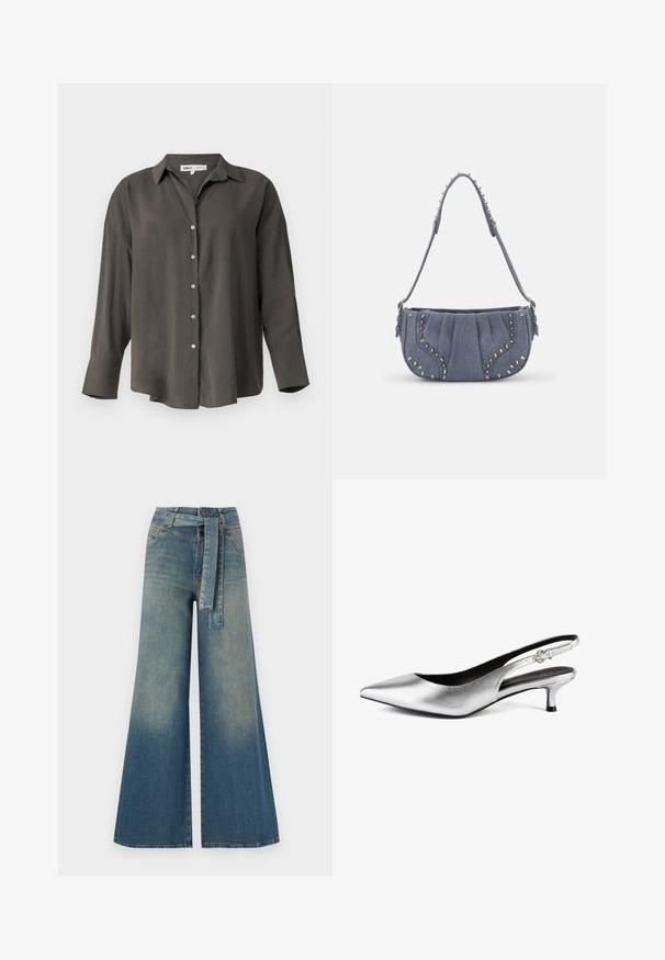 Tmavo šedá košeľa s dlhým rukávom a golierom, so voľným strihom, prednými gombíkmi a hladkou, ľahkou textúrou látky.; Džínsy s širokými nohavicami, ktoré majú prechod od svetlomodrej po tmavomodrú, vysoký pás, pútka na opasok a opasok z rovnakého materiálu. Textúrovaný denimový povrch.; Strieborné metalické slingback lodičky s špicatou špičkou, nízkym kitten opätkom a hladkým povrchom. Obsahuje úzku remienok s malým detailom pracky.; Džínsová taška cez plece s plisovaným dizajnom, modrej farby, so striebornými cvočkami pozdĺž okrajov a textúrovaným popruhom.