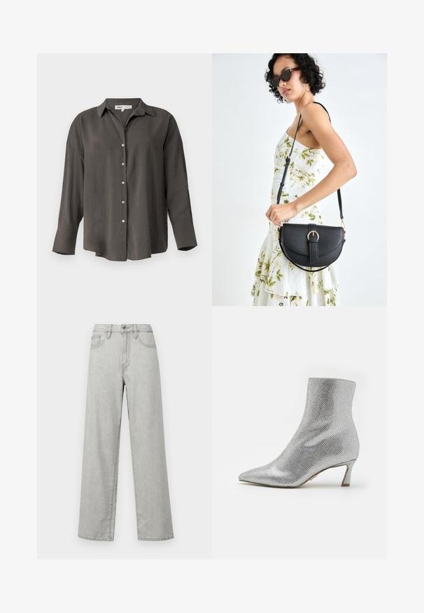 Temno siva srajca z dolgimi rokavi, z ovratnikom, ki ponuja sproščen kroj, sprednje gumbe in gladko, lahko teksturo tkanine.; Svetlo sivi široki traper hlače, izdelane iz denima, z visokim pasom, sprednjimi žepi in standardnim zapiranjem s gumbom in zadrgo.; Srebrna gležnjača z teksturirano, mrežasto površino, ostrim nosom in nizkim, strukturiranim peto. Ima gladko notranjo podlogo.; Črna usnjena torbica s ukrivljeno obliko, z odstranljivo naramnico in zlatimi dodatki. Torbica ima pokrov s podrobnostmi v obliki zaponke.