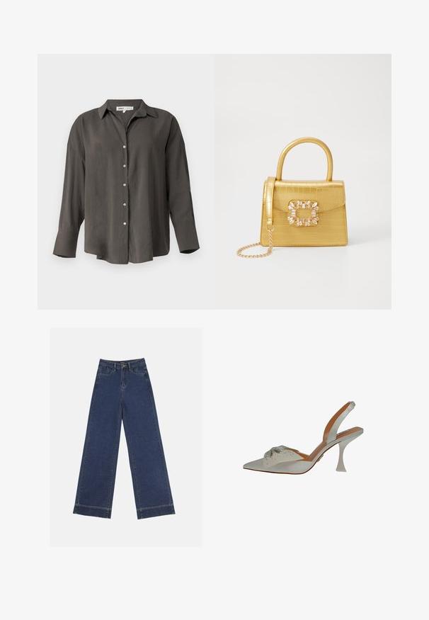 Donkergrijze overhemd met lange mouwen en knopen aan de voorkant, met een kraag, een relaxte pasvorm en een soepele, lichte stof.; Wide-leg jeans in donkerblauwe denim. Voorzien van vijf zakken, riemlussen en een rauwe zoom onderaan met zichtbare stikseldetails.; Witte satijnen slingback schoen, puntige neus, versierd met zilveren beadings. Heeft een slanke, heldere hak en een gestructureerd, decoratief detail op de bovenkant.; Geel faux-krokodillenhandtas met een gestructureerd ontwerp, bovenhandvat, afneembare kettingriem en decoratieve kristallen versiering op de sluiting.