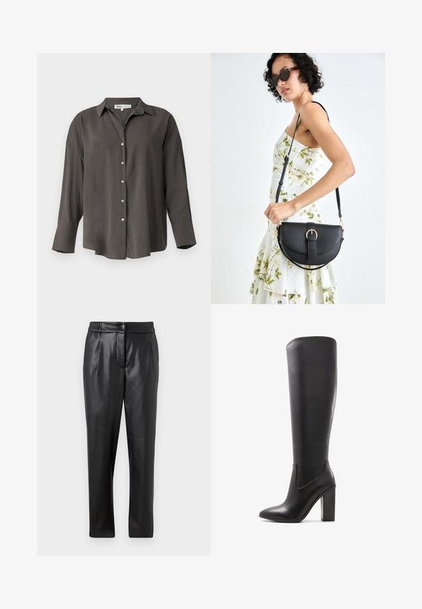 Dark gray long-sleeve button-up shirt with a collar, featuring a relaxed fit, front buttons, and a smooth, lightweight fabric texture.; Black leather pants with a smooth texture, straight fit, elastic waistband, and a front button closure; pleated detailing and tapered legs.; ALDO PILLOW WALK PULL ON GLAJAR - High heeled boots - black; Black leather handbag with a curved shape, detachable strap, and gold hardware. The bag features a flap with a buckle detail.
