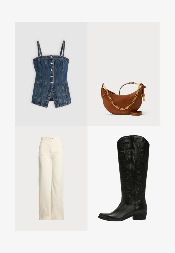 Denimowy top koronkowy z regulowanymi ramiączkami, zapięciem na guziki z przodu, pionowymi przeszyciami, kieszeniami bocznymi oraz delikatnym otwarciem z przodu.; Polo Ralph Lauren - Spodnie materiałowe; Czarne skórzane kowbojki z wytłaczanym wzorem w spirale, spiczastym noskiem i warstwowym obcasem. Posiadają pętelkę na górze dla łatwego zakładania.; Brązowa skórzana torebka o zaokrąglonym kształcie, z złotym łańcuszkiem, wewnętrzną kieszenią oraz odczepianym paskiem na ramię. Posiada kontrastowe przeszycia.