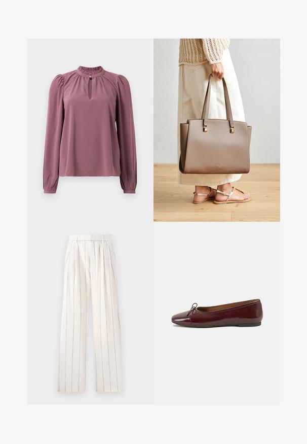 Bluzica dugih rukava u mauve boji s naboranim ovratnikom, izrezom u obliku ključa s kopčanjem na dugme i blago napuhanim ramenima.; Nabrane hlače širokih nogavica od bijele tkanine s uskim okomitih sivoj prugama. Imaju struk koji se dobro uklapa i opuštenu siluetu kroz nogavice.; Burgundska lakirana balerinka s zaobljenim vrhom, malim mašnom sprijeda i niskom, crnom gumenom potplatu. Glatka tekstura.; Smeđa sintetička torba s dva dugačka ručka, kvadratnim metalnim detaljima i suptilnim logotipom. Nošena uz svijetlosvijetlu suknju i sandale.