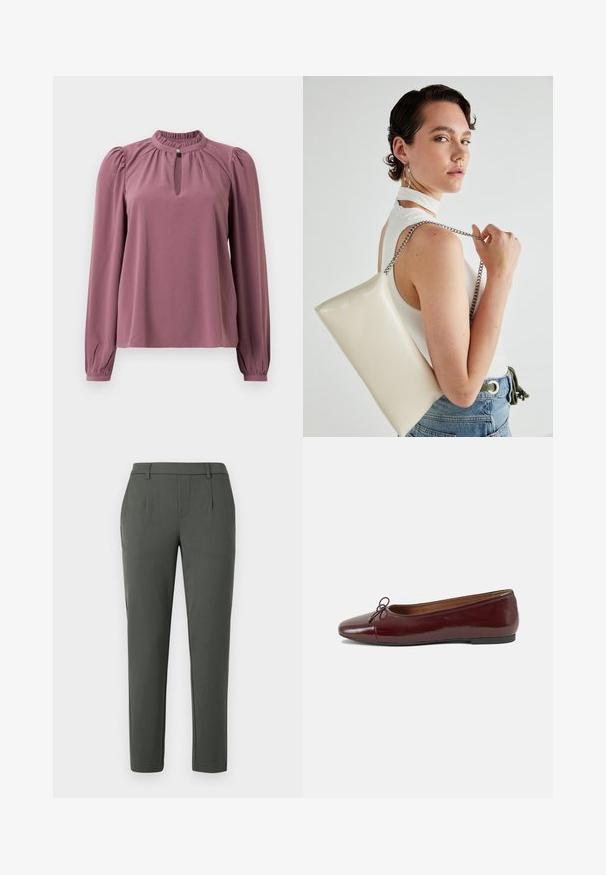 Bluză cu mânecă lungă în nuanța mauve, cu guler plisat, decolteu în formă de cheie cu închidere cu buton și umeri ușor bufanți.; Pantaloni verzi închis cu croială adaptată, având două buzunare laterale, închidere cu fermoar și detalii cu pliuri pentru un design structurat.; Balerini din piele patent burgund cu vârful rotund, accent de fundiță mică în față și talpă joasă din cauciuc negru. Textură netedă.; Geantă de clutch rectangulară albă, realizată dintr-un material lucios, având o curea de lanț argintie. Modelul pozează, evidențiind geanta pe un fundal simplu.