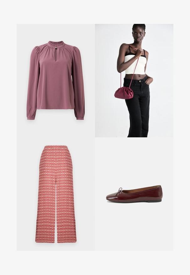 Dlhý rukáv mauve blúzka s naťahovacím golierom, výstrihom v tvare kľúčovej dierky so zapínaním na gombík a mierne nariasenými ramenami.; Červené vzorované culottes s diamantovým vzorom, elastickým pásom a širokým strihom na pohodlie a voľnosť pohybu.; Burgundské lakované balerínky s okrúhlou špičkou, malou mašľou na prednej strane a nízkou čiernou gumovou podrážkou. Hladký povrch.; Burgundský mäkký kabelka z textilu s zhromaždeným dizajnom a dlhým popruhom, nosená cez telo. Model má na sebe biely crop top a čierne džínsy.
