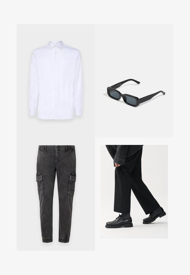 Bílá košile s dlouhým rukávem a knoflíkovým zapínáním, vyrobená z hladké bavlny, s špičatým límcem a šesti knoflíky na přední straně, vybavená standardními manžetami.; Černé cargo kalhoty s elastickými manžetami, velkými postranními kapsami, uvolněným střihem a mírně opotřebovanou texturovanou denimu.; Černé kožené boty s kulatou špičkou, šněrovací design a silnou strukturovanou podrážkou. Noseny s dobře padnoucími černými kalhotami a žebrovaným svetr.; Černé obdélníkové sluneční brýle s tmavými skly. Lesklý rám, rovné nožičky s mírným zakřivením. Minimalistický design, bez ozdob.