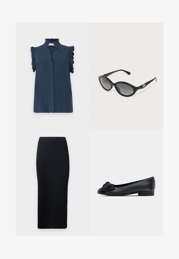 Samtblaues ärmelloses Oberteil mit hohem Rüschkragen und Rüschendetails an den Schultern, aus leichtem Stoff gefertigt.; Schwarzer, gerippter Midirock mit figurbetonter Silhouette, breitem Bund und texturiertem Stoff. Glatte Oberfläche, keine sichtbaren Muster oder Akzente.; Schwarze Leder-Ballerinas mit runder Zehenpartie, ausgestattet mit einer Klarsichtlederkappe und einem Stoffschleifenakzent auf der Vorderseite. Niedriger, stabiler Absatz.; Schwarze Katzenaugen-Sonnenbrillen mit grauen Verlaufslinsen. Verfügt über glänzende Kunststoffrahmen und eine goldfarbene Logo-Akzentsetzung am Bügel.; Goldener Perlenring mit einem kreisförmigen Design und gleichmäßig verteilten glänzenden runden Perlen, die ein glattes, strukturiertes Aussehen erzeugen.