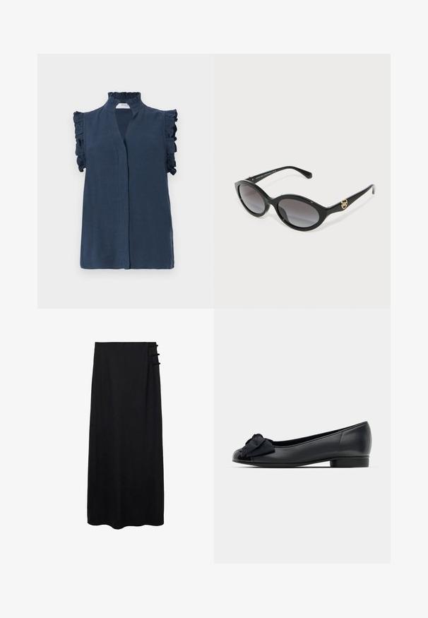 Blouse sans manches bleu marine avec un col froncé haut et des accents froncés sur les épaules, fabriquée dans un tissu léger.; Jupe maxi noire avec une texture lisse, dotée d'une fermeture sur le côté avec trois accents en boucle pour un détail supplémentaire. Design longueur sol.; Ballerines en cuir noir avec un bout arrondi, dotées d'un cap en cuir verni et d'un accent de nœud en tissu à l'avant. Talon bas et robuste.; Lunettes de soleil noires en forme d'œil de chat avec des verres gris dégradés. Cadre en plastique brillant et accent logo en ton or sur la branche.; Pince à cheveux en écaille de tortue en plastique, présentant un design ondulé avec plusieurs dents de préhension et un sommet arrondi.