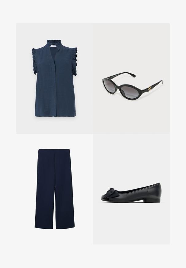 Tengerészkék, ujjatlan blúz, magas fodros gallérral és fodros részletekkel a vállakon, könnyű anyagból készült.; Tengerészkék, bő szárú nadrág könnyű anyagból, letisztult dizájnnal és egyenes szabással, oldalsó zsebekkel és látható rögzítések nélkül.; Fekete bőr balettcipő, lekerekített orral, fényes bőr orrborítással és szövetmasnival a fronton. Alacsony, tartós sarokkal.; Fekete macska szemű napszemüveg, fokozatos szürke lencsékkel. Fényes műanyag kerettel rendelkezik, és arany tónusú logó díszítéssel a szárán.; Tortoise-ásvány színű hajcsat, műanyagból készült, hullámos dizájnnal, több rögzítőágazattal és kerek tetejű.